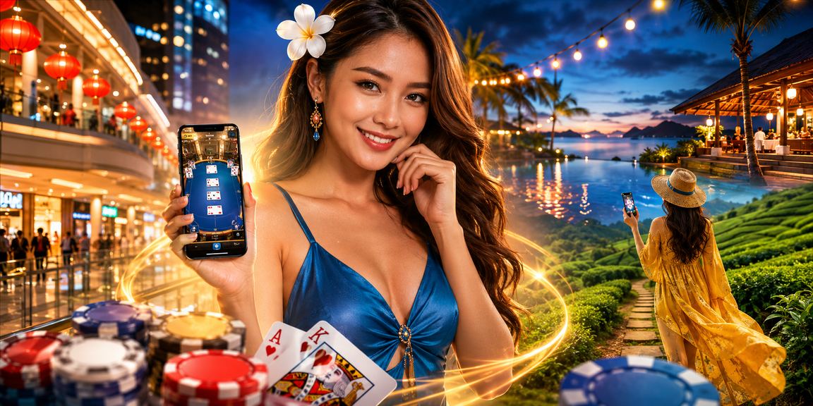 Pemain menikmati permainan teen patti secara santai di tepi pantai Langkawi sambil menggunakan peranti mudah alih